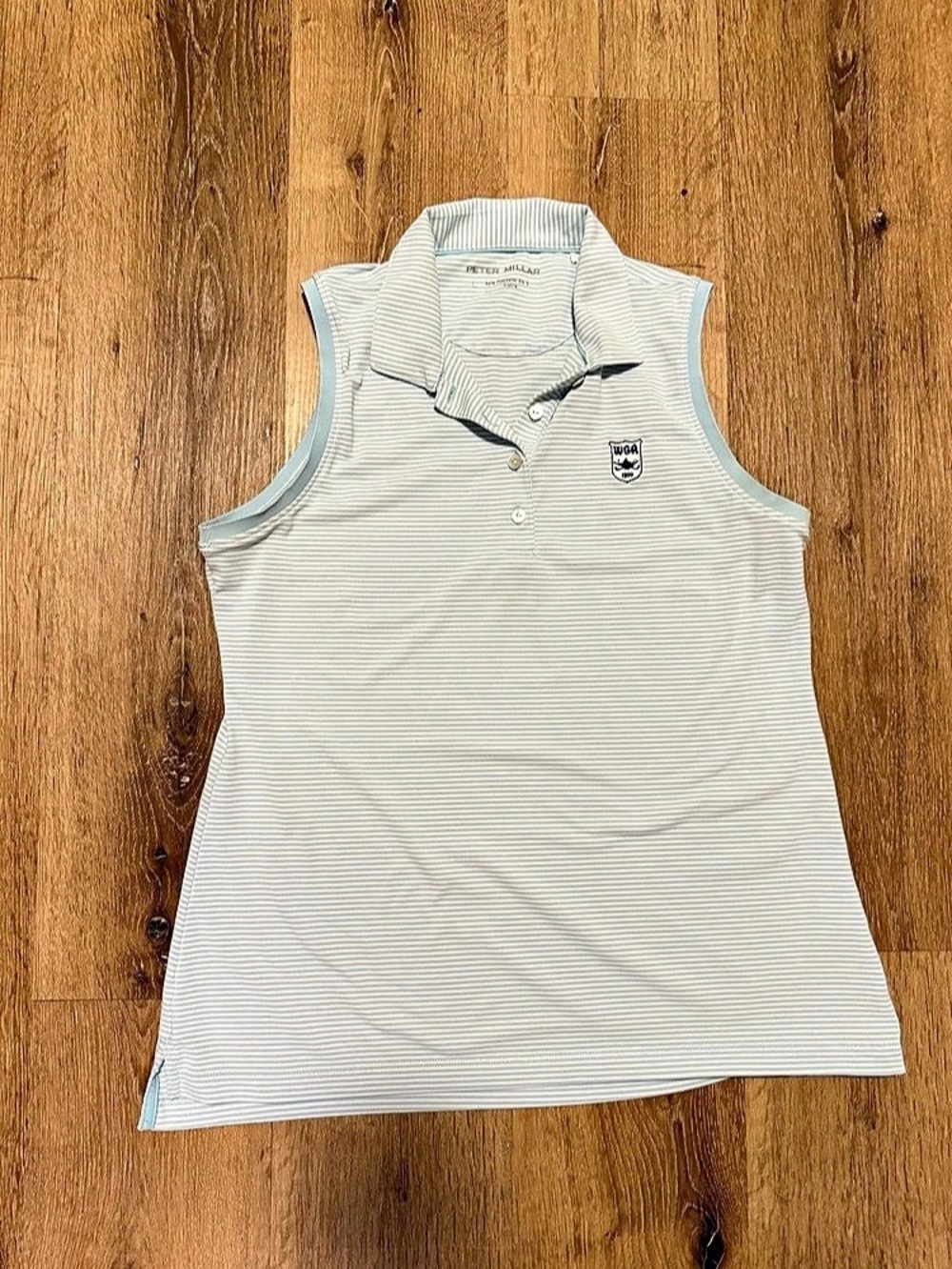 Peter Millar Women's Sleeveless Golf Polo, Light Blue and White Stripe, WGA Logo